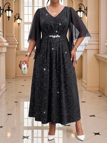 Fleurora Plus Size Fashion Party Glitter Rhinestone Decorated Dress - Black - View 4
