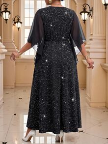 Fleurora Plus Size Fashion Party Glitter Rhinestone Decorated Dress - Black - View 2