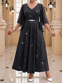 Fleurora Plus Size Fashion Party Glitter Rhinestone Decorated Dress - Black - View 5