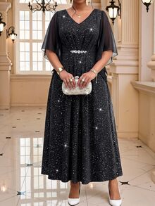 Fleurora Plus Size Fashion Party Glitter Rhinestone Decorated Dress - Black - View 1