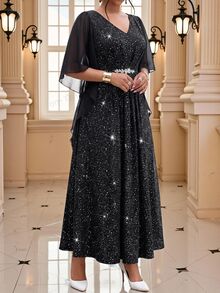 Fleurora Plus Size Fashion Party Glitter Rhinestone Decorated Dress - Black - View 3