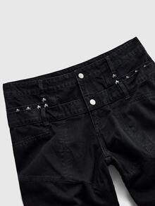 ROMWE MEN Men's Double Waistband Adjustable Hem Layered Flare Jeans - Black - View 2