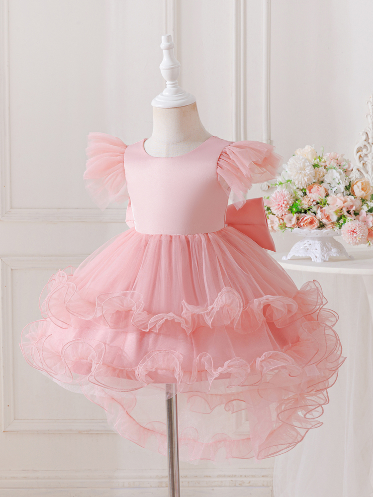 SHEIN Glamorique Kids Baby Girl Pink Checkered Satin Dress, Infant Flutter Sleeve Deep V-Back Gown Oversized Cute Elegant Bowknot High-Low Tulle Tutu 1st Birthday Fall - Pink - View 6