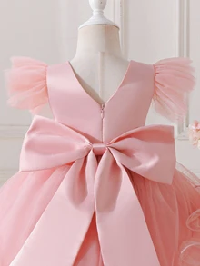 SHEIN Glamorique Kids 女嬰粉色格紋緞面洋裝，嬰兒飛袖深V露背禮服，大尺寸可愛優雅蝴蝶結高低擺薄紗蓬蓬裙，1歲生日秋季款 - 粉色 - 查看 3
