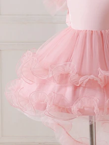 SHEIN Glamorique Kids 女嬰粉色格紋緞面洋裝，嬰兒飛袖深V露背禮服，大尺寸可愛優雅蝴蝶結高低擺薄紗蓬蓬裙，1歲生日秋季款 - 粉色 - 查看 9