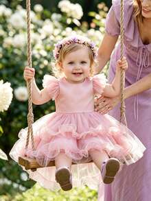 SHEIN Glamorique Kids 女嬰粉色格紋緞面洋裝，嬰兒飛袖深V露背禮服，大尺寸可愛優雅蝴蝶結高低擺薄紗蓬蓬裙，1歲生日秋季款 - 粉色 - 查看 10