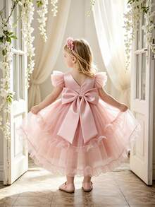 SHEIN Glamorique Kids 女嬰粉色格紋緞面洋裝，嬰兒飛袖深V露背禮服，大尺寸可愛優雅蝴蝶結高低擺薄紗蓬蓬裙，1歲生日秋季款 - 粉色 - 查看 5