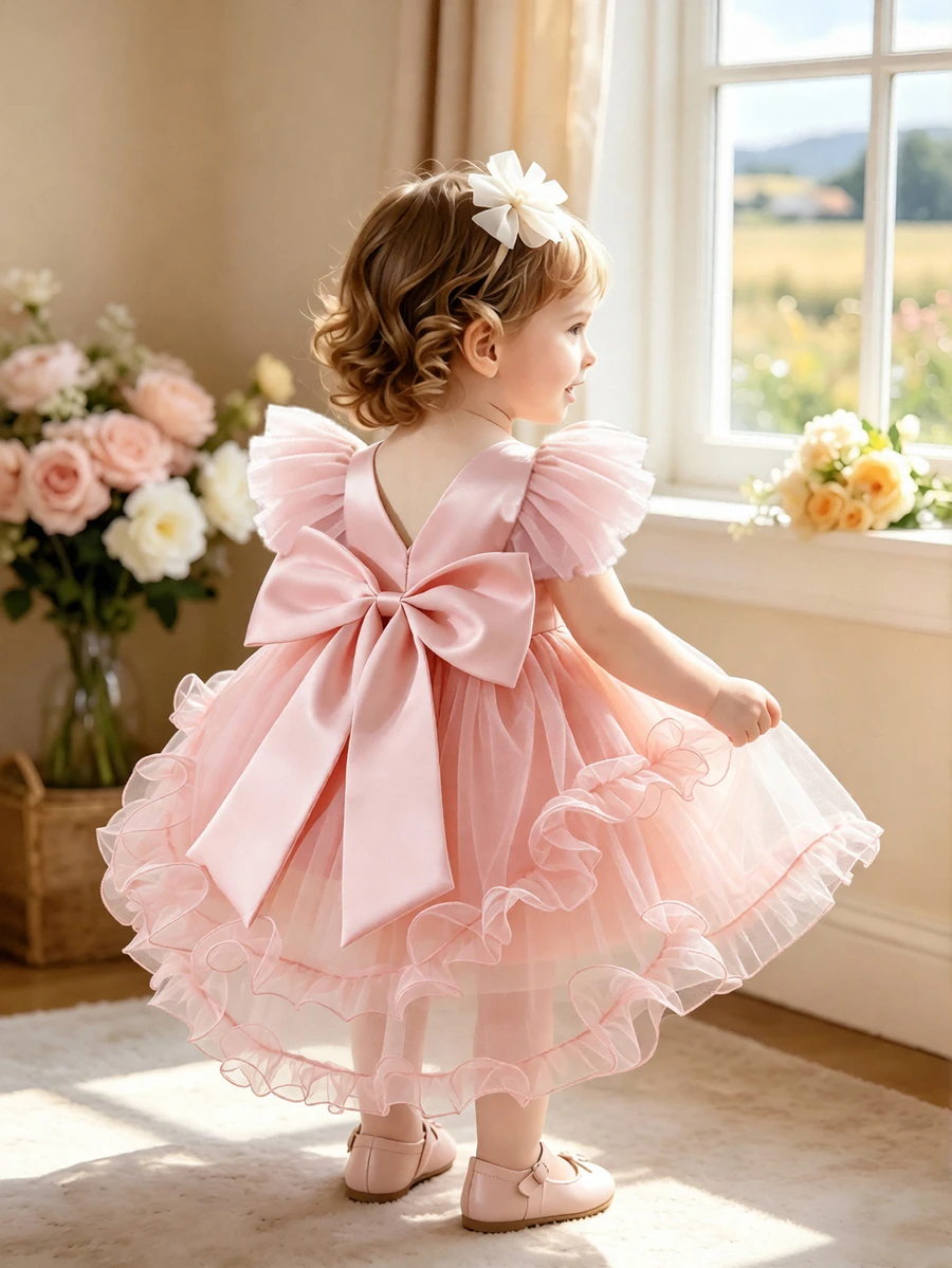 SHEIN Glamorique Kids 女嬰粉色格紋緞面洋裝，嬰兒飛袖深V露背禮服，大尺寸可愛優雅蝴蝶結高低擺薄紗蓬蓬裙，1歲生日秋季款