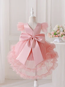 SHEIN Glamorique Kids 女嬰粉色格紋緞面洋裝，嬰兒飛袖深V露背禮服，大尺寸可愛優雅蝴蝶結高低擺薄紗蓬蓬裙，1歲生日秋季款 - 粉色 - 查看 6