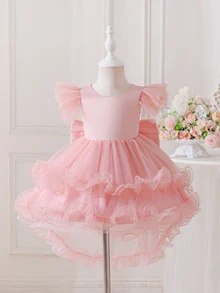 SHEIN Glamorique Kids 女嬰粉色格紋緞面洋裝，嬰兒飛袖深V露背禮服，大尺寸可愛優雅蝴蝶結高低擺薄紗蓬蓬裙，1歲生日秋季款 - 粉色 - 查看 8