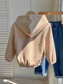 SHEIN 兒童小男孩純色連帽長袖冬季外套，百搭舒適嬰兒拉鍊夾克 - 卡其色 - 查看 2