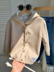 SHEIN 兒童小男孩純色連帽長袖冬季外套，百搭舒適嬰兒拉鍊夾克 - 卡其色 - 查看 3