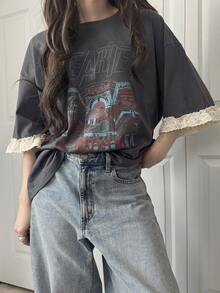 DAZY Patchwork Casual Straight T-Shirt Top, Graphic Print Tee For Teen Girls - Grey - View 1