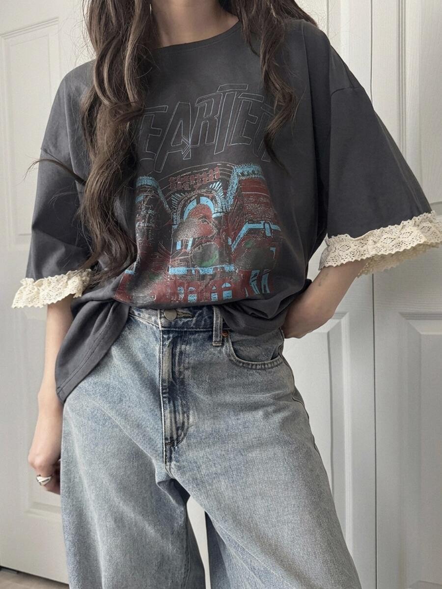 DAZY Patchwork Casual Straight T-Shirt Top, Graphic Print Tee For Teen Girls - Grey - View 1