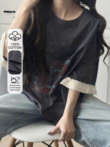 DAZY Patchwork Casual Straight T-Shirt Top, Graphic Print Tee For Teen Girls - Grey - View 4