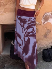 Aloruh Women's Vacation Floral Print Waist Pleated Fashion Skirt - Purple - View 2