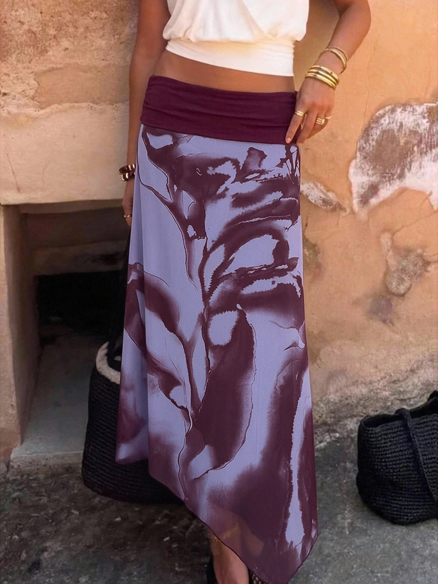 Aloruh Women's Vacation Floral Print Waist Pleated Fashion Skirt