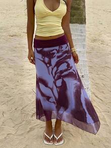 Aloruh Women's Vacation Floral Print Waist Pleated Fashion Skirt - Purple - View 7