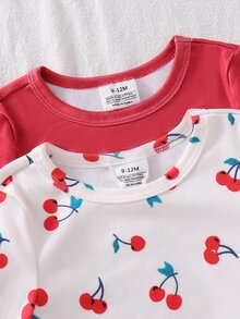 SHEIN [隨機2件組] 嬰兒女童居家睡衣套裝，長袖與長褲，純色搭配小花卡通印花，四季適用，適合居家或戶外玩耍，柔軟親膚貼身舒適 - 彩色 - 查看 5