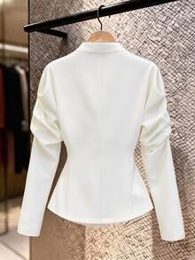 SHEIN LUNE Minimalist Elegant Simple Clean V-Neck Asymmetric Collar Metal Button Long Sleeve Cinched Waist Chic Versatile Women's Blouse Office White Fall - White - View 2