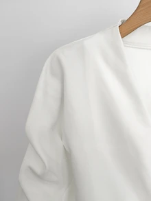 SHEIN LUNE Minimalist Elegant Simple Clean V-Neck Asymmetric Collar Metal Button Long Sleeve Cinched Waist Chic Versatile Women's Blouse Office White Fall - White - View 4