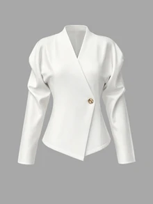 SHEIN LUNE Minimalist Elegant Simple Clean V-Neck Asymmetric Collar Metal Button Long Sleeve Cinched Waist Chic Versatile Women's Blouse Office White Fall - White - View 7