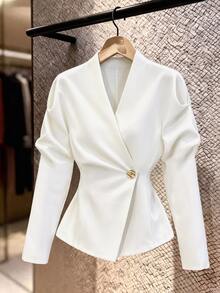 SHEIN LUNE Minimalist Elegant Simple Clean V-Neck Asymmetric Collar Metal Button Long Sleeve Cinched Waist Chic Versatile Women's Blouse Office White Fall - White - View 1