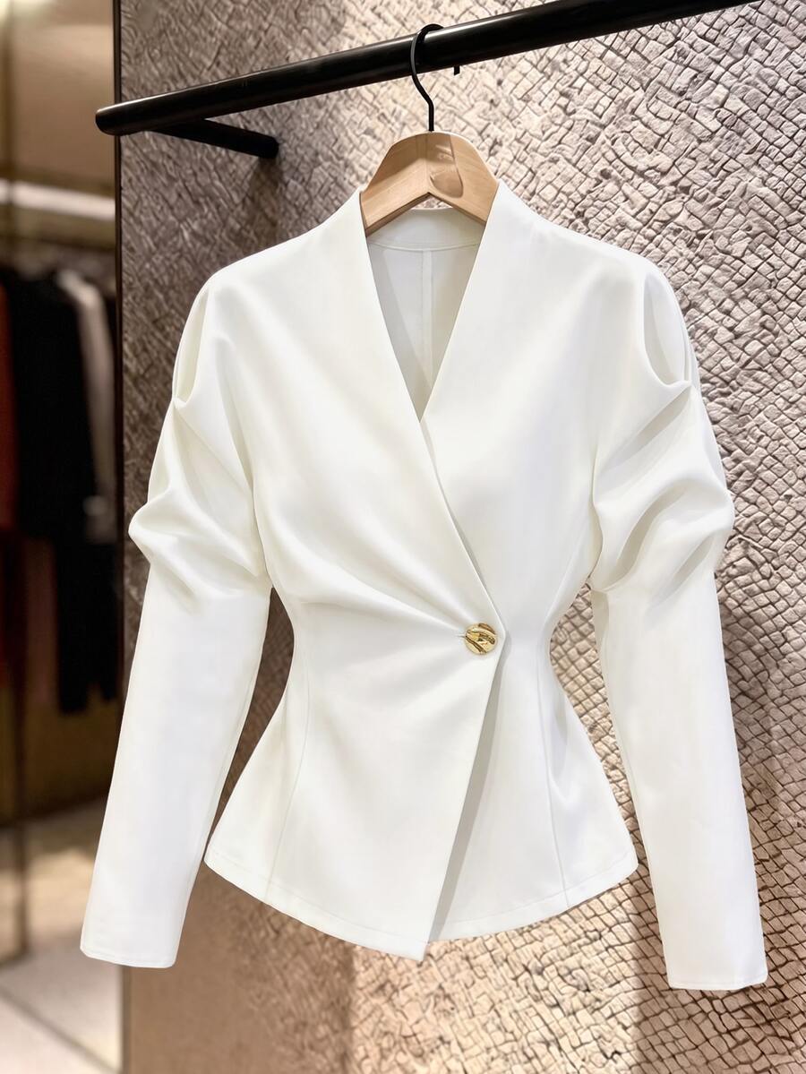 SHEIN LUNE Minimalist Elegant Simple Clean V-Neck Asymmetric Collar Metal Button Long Sleeve Cinched Waist Chic Versatile Women's Blouse Office White Fall - White - View 1