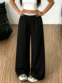 SHEIN 青少年女孩高腰鬆緊腰寬腿黑色運動長褲，萬聖節秋季風格 - 黑色 - 查看 7