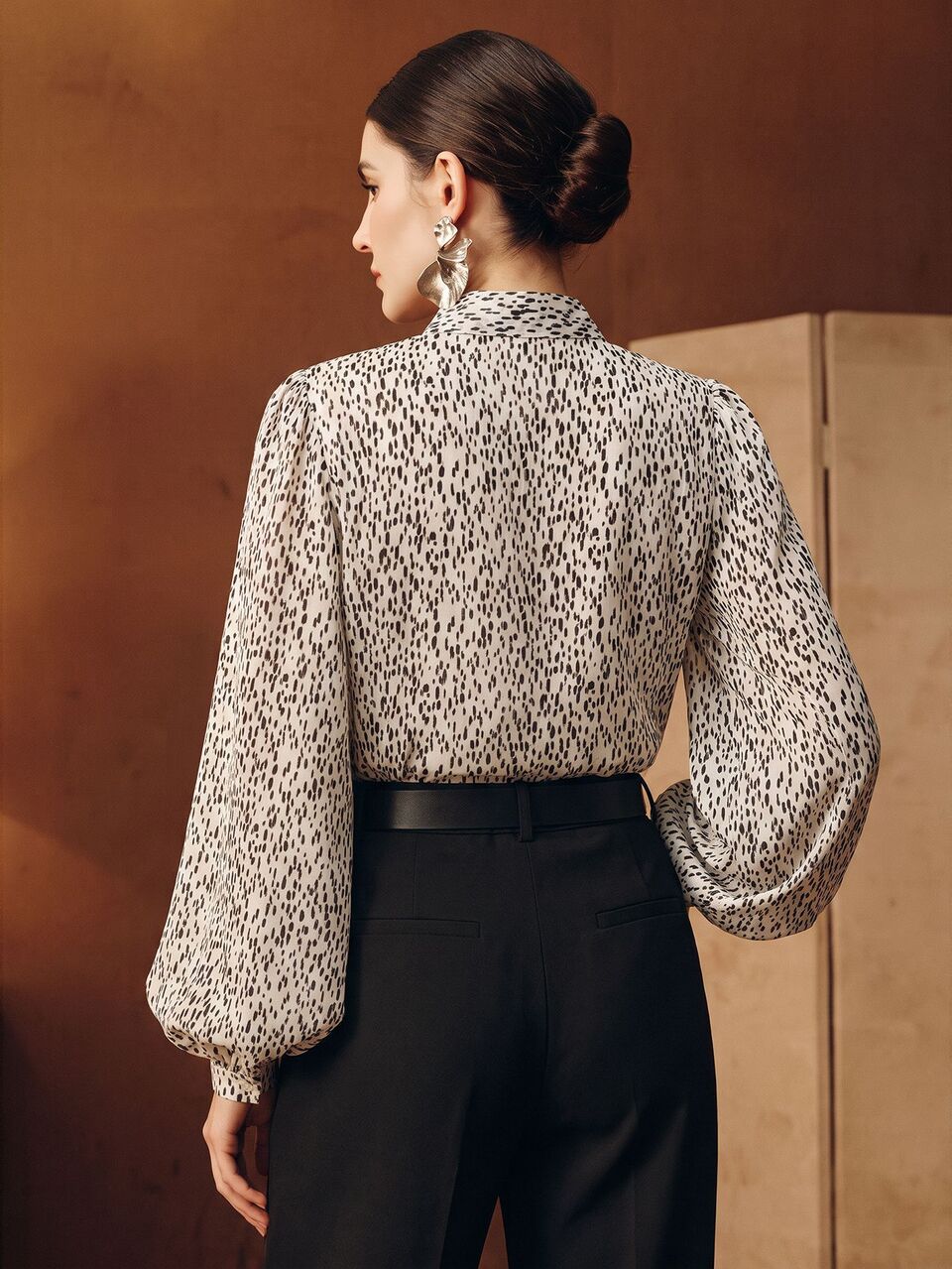 Elegant V-Neck Tie Bow Polka Dot Puff Sleeve Women's Blouse, Autumn Tops For Commuting, Daily Wear, Dates