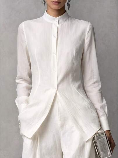 Trelyra Women's Fall White Stand Collar Long-Sleeve Shirt, Button-Down Drape Pleated Office Blouse, Commuting Premium Occasion Wear For Business Daily Work