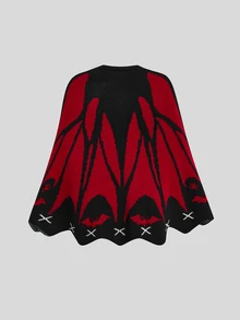 Sweetra Baju Terusan Wanita Ukuran Besar Motif Kelelawar Gothic Gelap Halloween dengan Bagian Depan Berbentuk Kupu-kupu, Tema Vampir Vintage, Cocok untuk Pakaian Musim Gugur/Dingin - Merah - View 2