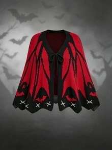 Sweetra Baju Terusan Wanita Ukuran Besar Motif Kelelawar Gothic Gelap Halloween dengan Bagian Depan Berbentuk Kupu-kupu, Tema Vampir Vintage, Cocok untuk Pakaian Musim Gugur/Dingin - Merah - View 8