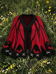 Sweetra Baju Terusan Wanita Ukuran Besar Motif Kelelawar Gothic Gelap Halloween dengan Bagian Depan Berbentuk Kupu-kupu, Tema Vampir Vintage, Cocok untuk Pakaian Musim Gugur/Dingin - Merah - View 1