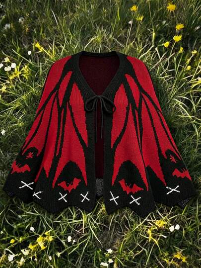 Sweetra Plus Size Women's Halloween Atmosphere Dark Gothic Bat Pattern Front Butterfly Tie Cape Cardigan, Vintage Vampire Theme Knitted Shrug With Bat Wing Design, Suitable For Autumn/Winter Wear, Halloween Bat Pattern