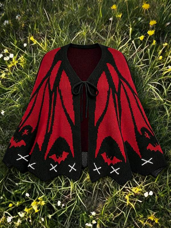 Sweetra Plus Size Women's Halloween Atmosphere Dark Gothic Bat Pattern Front Butterfly Tie Cape Cardigan, Vintage Vampire Theme Knitted Shrug With Bat Wing Design, Suitable For Autumn/Winter Wear, Halloween Bat Pattern