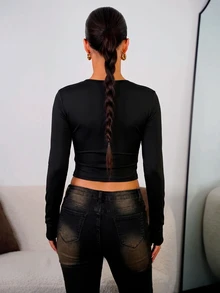SAYEHFBABY 女款字母印花百褶修身百搭休閒T恤 - 黑色 - 查看 2