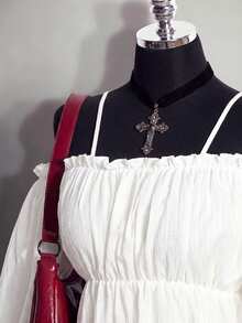 SHEIN ICON Top Babydoll de Talla Grande unicolor con Hombros Descubiertos y Tirantes de Espagueti - Blanco - Ver 4