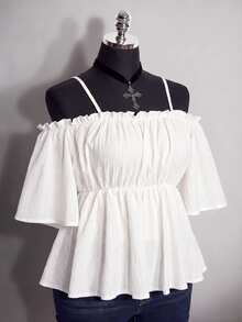 SHEIN ICON Top Babydoll de Talla Grande unicolor con Hombros Descubiertos y Tirantes de Espagueti - Blanco - Ver 6
