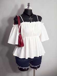 SHEIN ICON Top Babydoll de Talla Grande unicolor con Hombros Descubiertos y Tirantes de Espagueti - Blanco - Ver 5