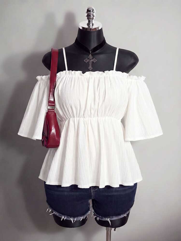 SHEIN ICON Plus Size Solid Color Open Shoulder Spaghetti Strap Babydoll Top - White - View 9