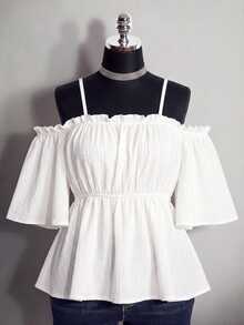 SHEIN ICON Top Babydoll de Talla Grande unicolor con Hombros Descubiertos y Tirantes de Espagueti - Blanco - Ver 3