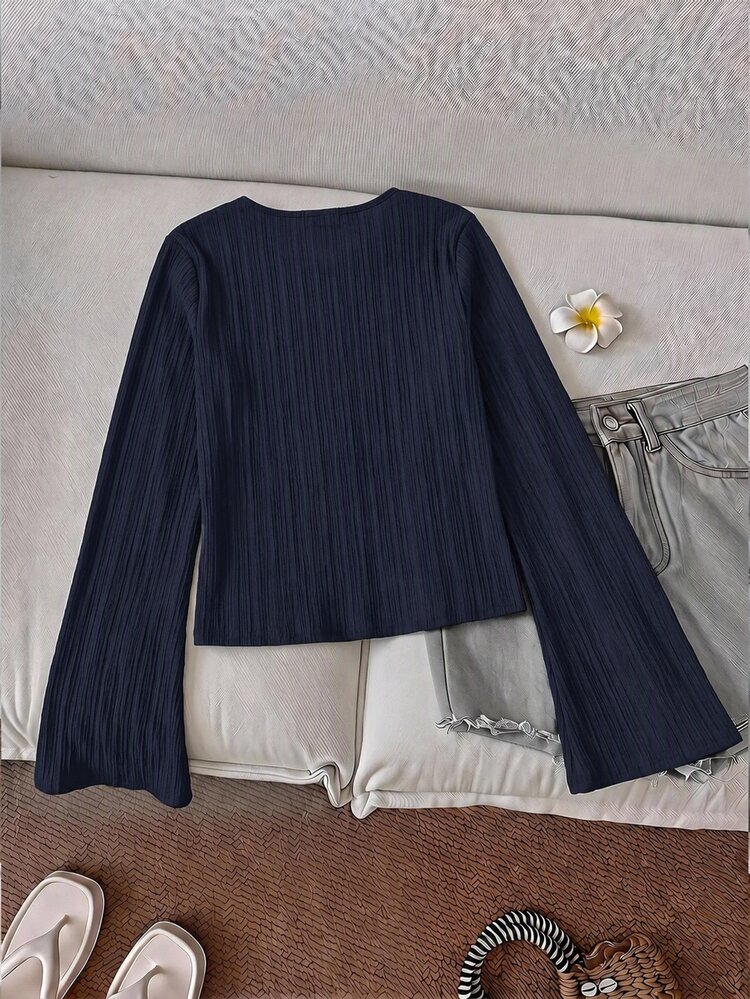 SHEIN LUNE Women's Textured Versatile Top, Casual Elegant Solid Color V-Neck Bell Sleeve Tie-Front Blouse Everyday Daytime Navy Blue Autumn - Navy Blue - View 2