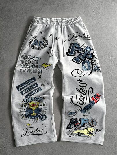 Manfinity EMRG Vintage Light Grey Denim Effect Lion Trophy Letter Graffiti Print Sweatpants, High Street Inspirational Slogan Fashion Elastic Waist Drawstring Long Pants, Men's Women's Pattern Casual Pants, Autumn/Winter Sports Travel Leisure Vacation Loose Fit Men's Pants