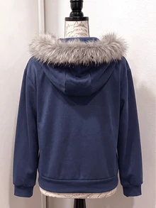 SHEIN 青少年女孩街頭風翅膀印花拉鍊連帽衛衣，抓絨，秋季休閒人造毛飾邊外套 - 藍色 - 查看 2