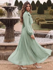 Anewsta Essential Vestido largo de mujer con volante en la cintura, estilo brillante y elegante, versátil para primavera/otoño - verde menta - Ver 4