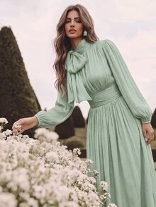 Anewsta Essential Vestido largo de mujer con volante en la cintura, estilo brillante y elegante, versátil para primavera/otoño - verde menta - Ver 5