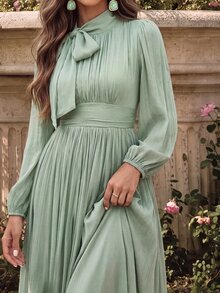Anewsta Essential Vestido largo de mujer con volante en la cintura, estilo brillante y elegante, versátil para primavera/otoño - verde menta - Ver 6