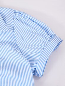SHEIN Sparklyn 青少年女孩休閒通勤時尚學院風翻領收腰百搭藍白細條紋短袖襯衫 - 藍白色 - 查看 3