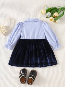 SHEIN Playful Pals 1pc Baby Girls Toddler Girl Velvet Dress Cute Elegant Navy White Bow Ruffle Long Puff Sleeve Lapel Birthday Party Spring Princess Ballet Faux Layered - Royal Blue - View 4